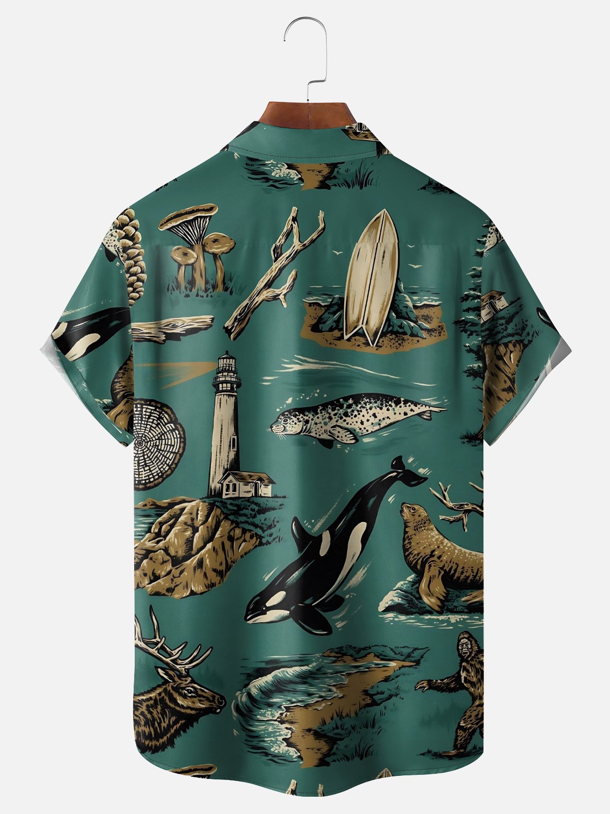 Moisture-Wicking Outdoor Deer Whale Seal Beach Chest Pocket Hawaiian Shirt