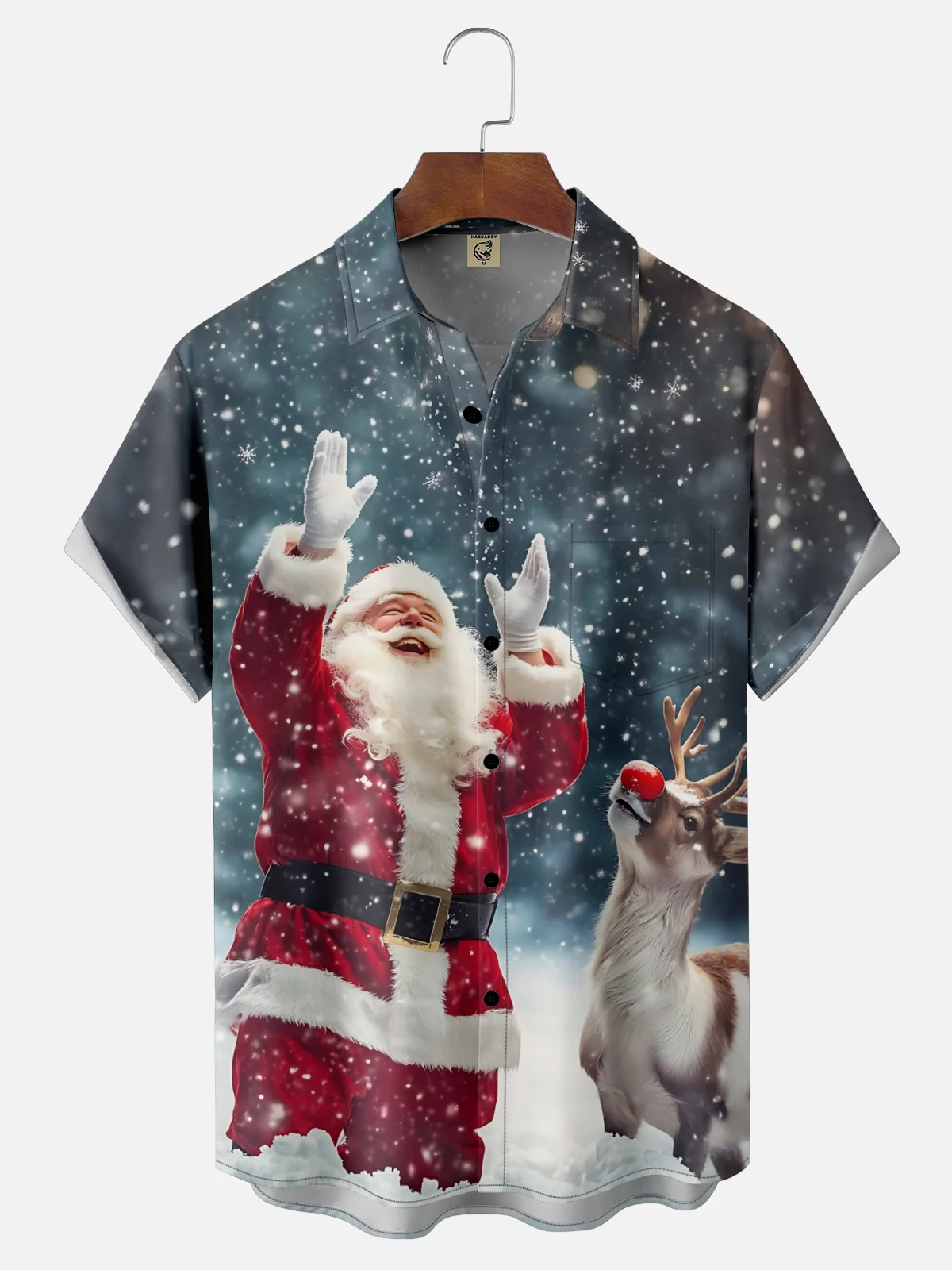 Moisture-Wicking Snowflake Santa Claus Reindeer Chest Pocket Hawaiian Shirt