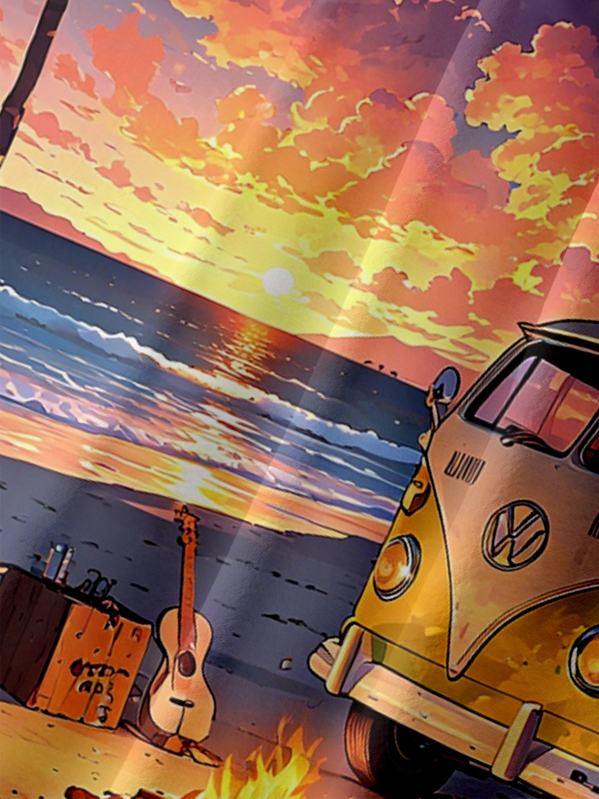 Moisture-Wicking Outdoor Gradient Color Seaside Scene Camper Bonfire Coconut Tree Chest Pocket Hawaiian Shirt