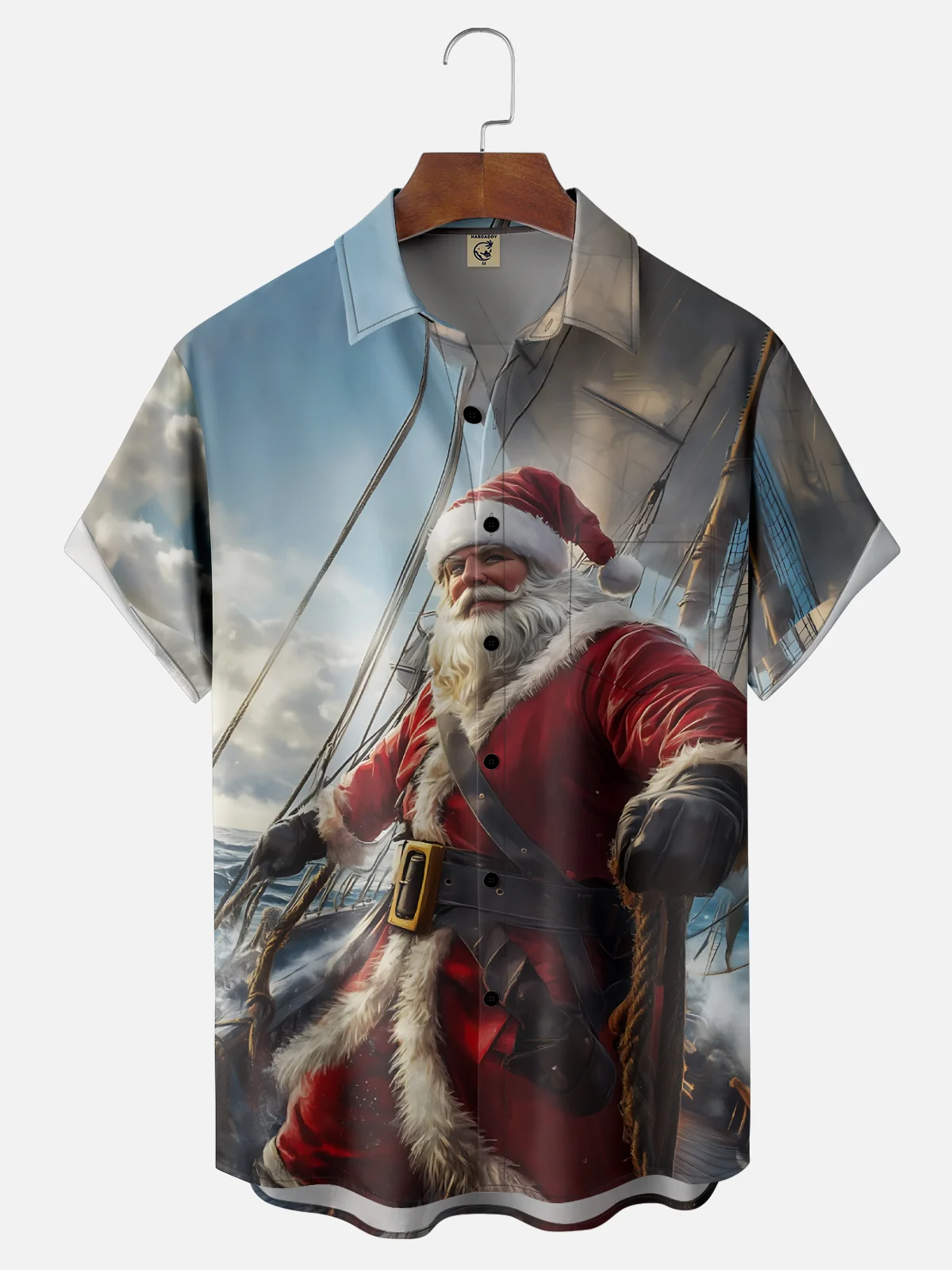 Moisture Wicking Nautical Santa Claus Chest Pocket Hawaiian Shirt