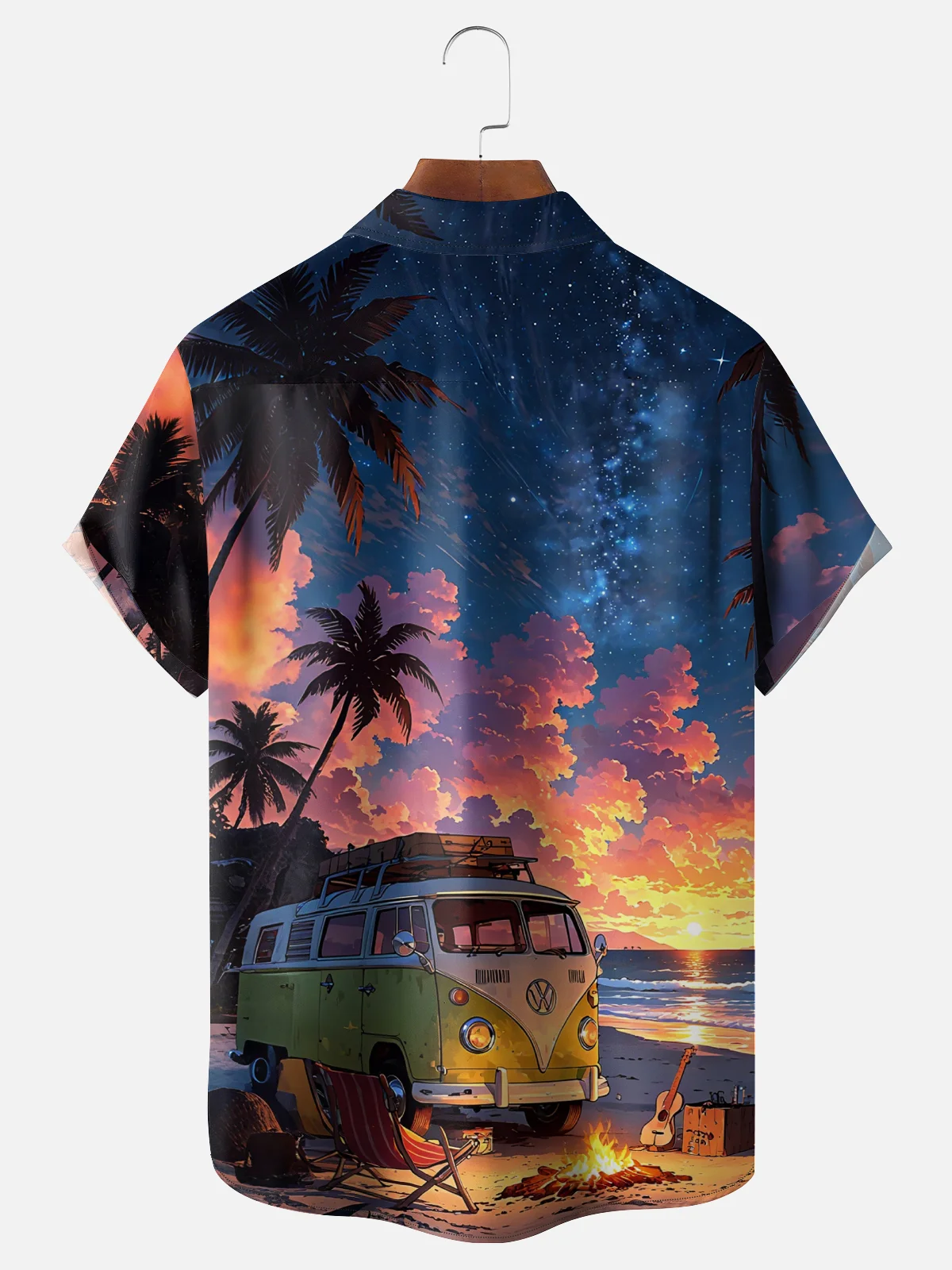 Moisture-Wicking Outdoor Gradient Color Seaside Scene Camper Bonfire Coconut Tree Chest Pocket Hawaiian Shirt