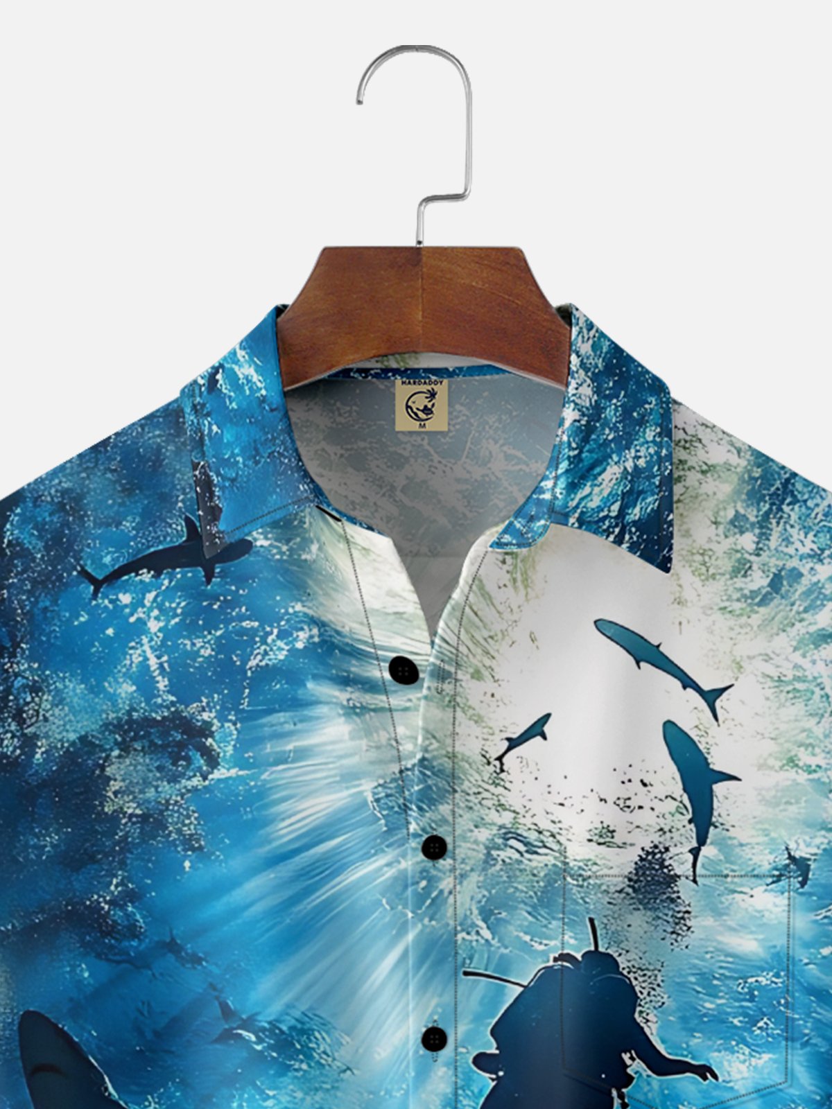 Moisture-Wicking Outdoor Underwater Scene Gradient Color Shark Diving Chest Pocket Hawaiian Shirt