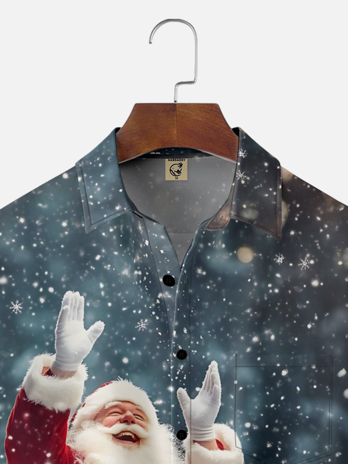 Moisture-Wicking Snowflake Santa Claus Reindeer Chest Pocket Hawaiian Shirt