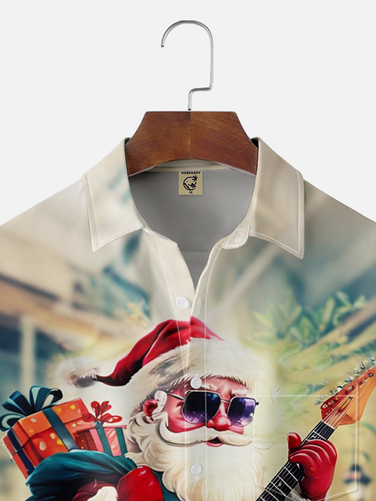 Moisture-wicking Rock Roll Santa Claus Guitar Chest Pocket Hawaiian Shirt