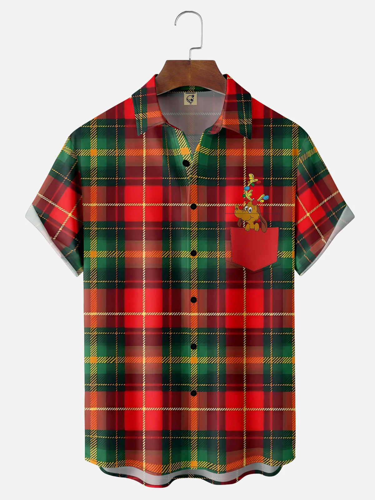 Moisture Wicking Christmas Plaid Animal Chest Pocket Hawaiian Shirt