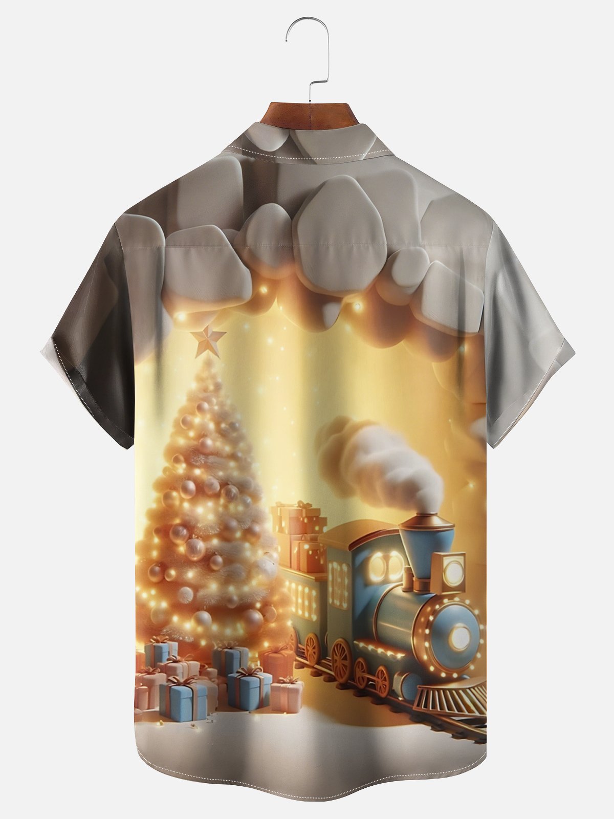 Moisture-Wicking Christmas Tree Train Chest Pocket Hawaiian Shirt