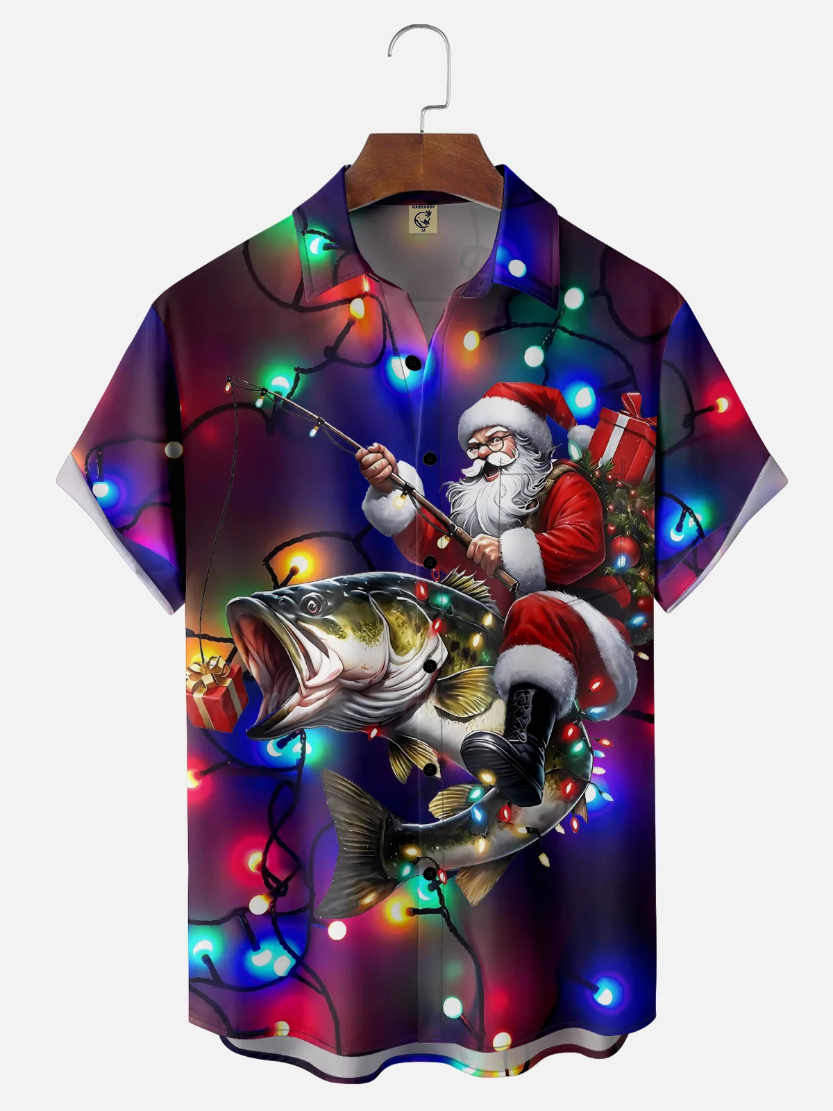 Moisture-Wicking Santa Claus Fishing Fairy Lights Chest Pocket Hawaiian Shirt