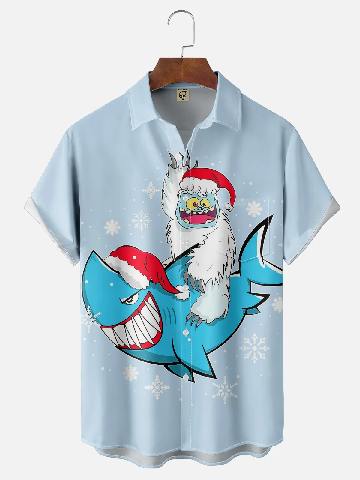 Moisture-Wicking Christmas Snowman Shark Chest Pocket Hawaiian Shirt