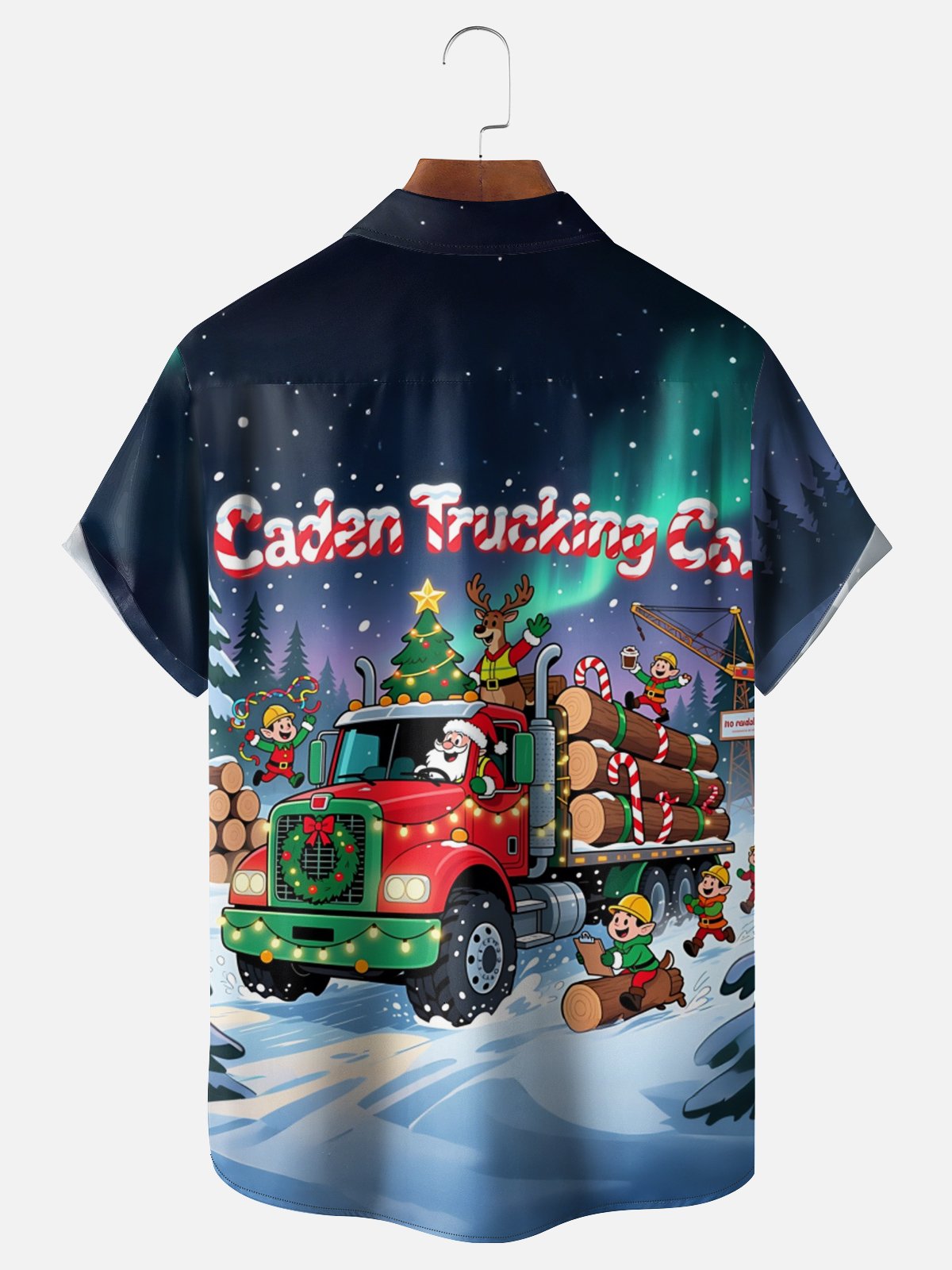 Moisture-Wicking Breathable Santa Claus Reindeer Christmas Tree Transport Chest Pocket Hawaiian Shirt