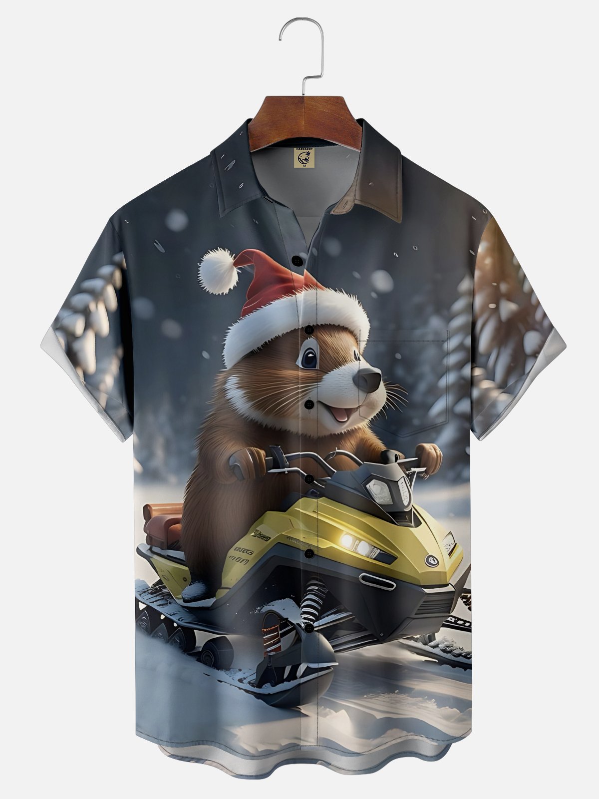 Moisture-Wicking Snowmobile Groundhog Chest Pocket Hawaiian Shirt