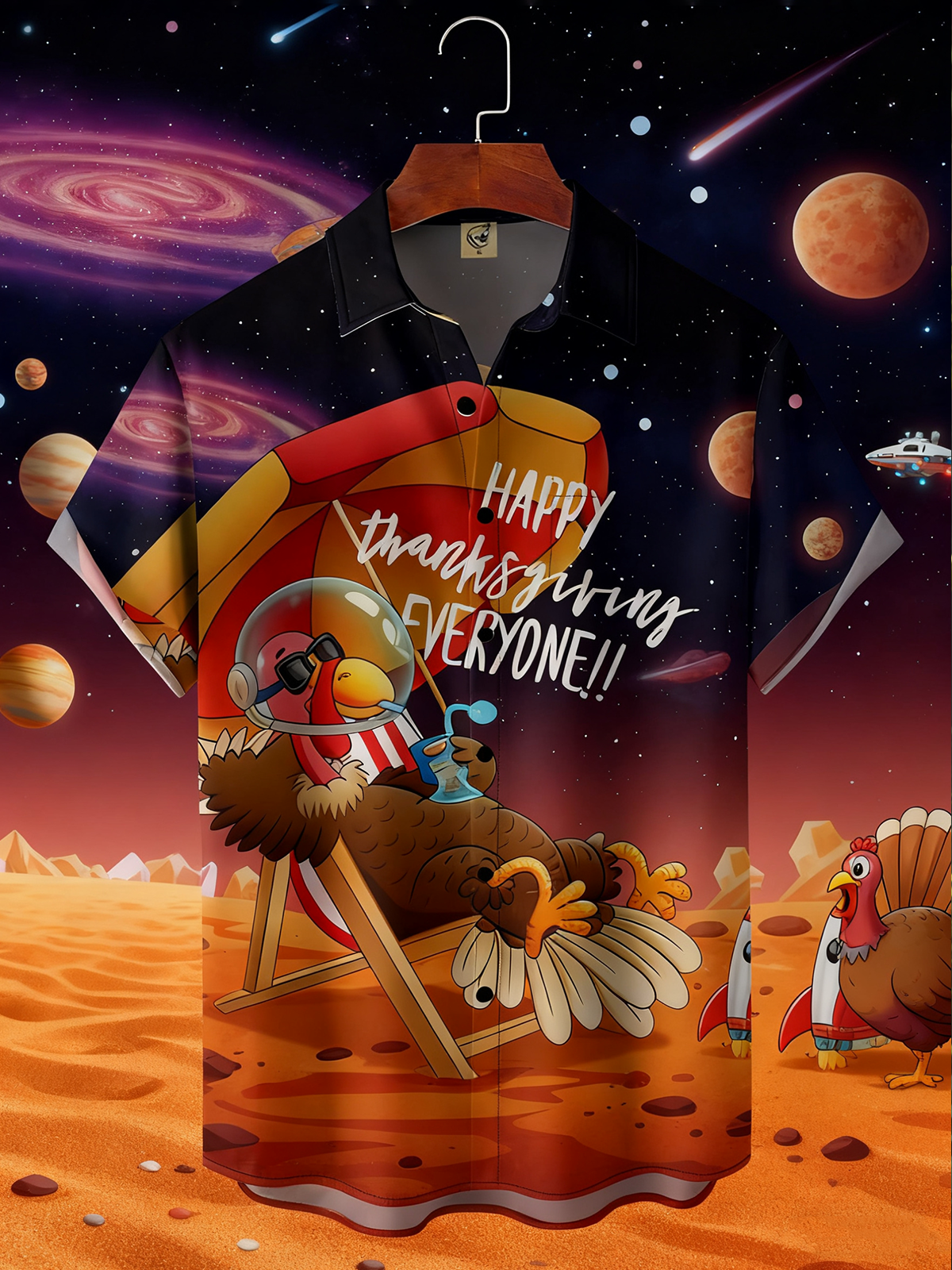 Moisture Wicking Thanksgiving Fun Turkey Cosmic Planet Chest Pocket Hawaiian Shirt