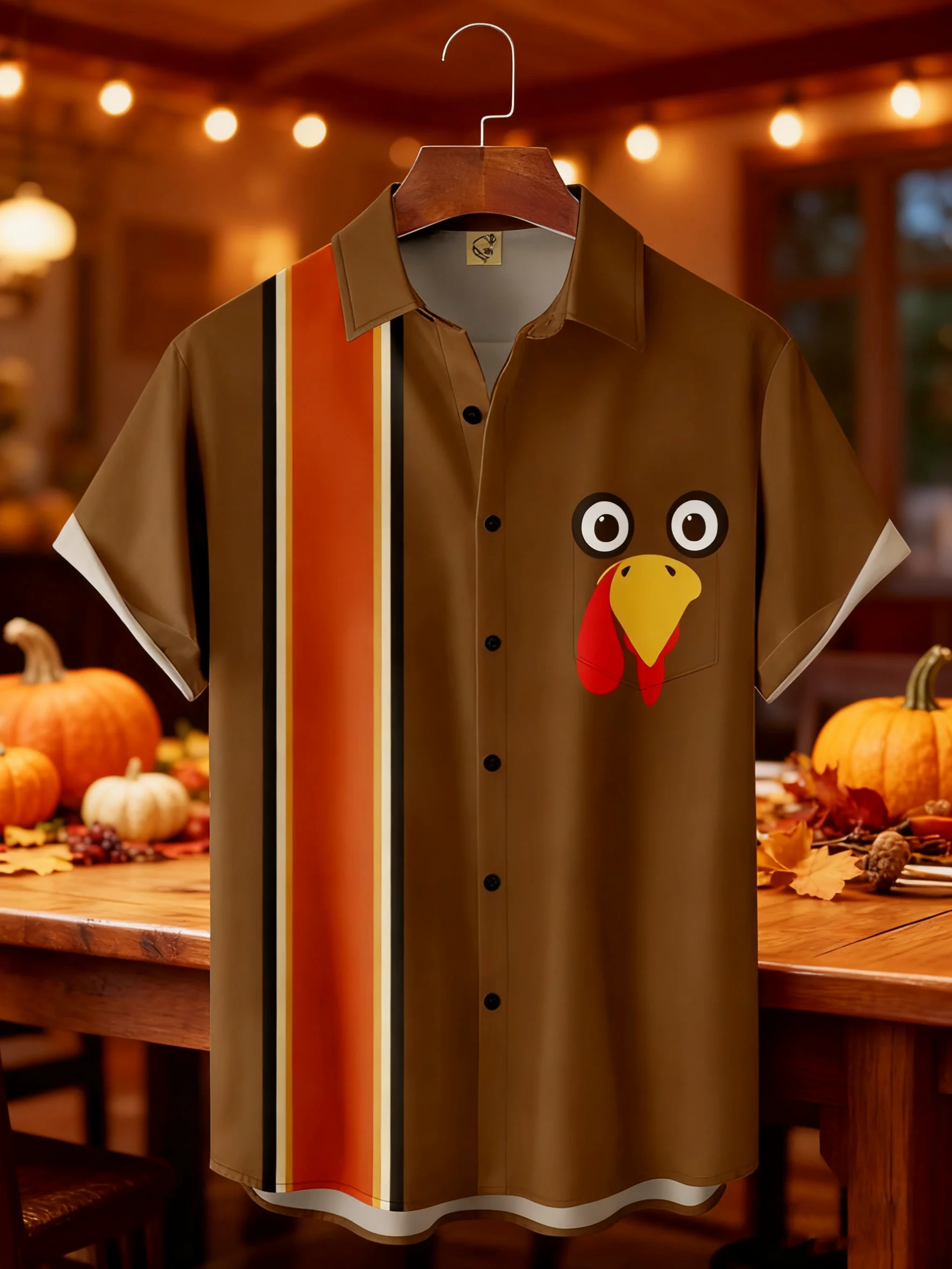 Moisture-wicking Thanksgiving Turkey Chest Pocket Bowling Shirt