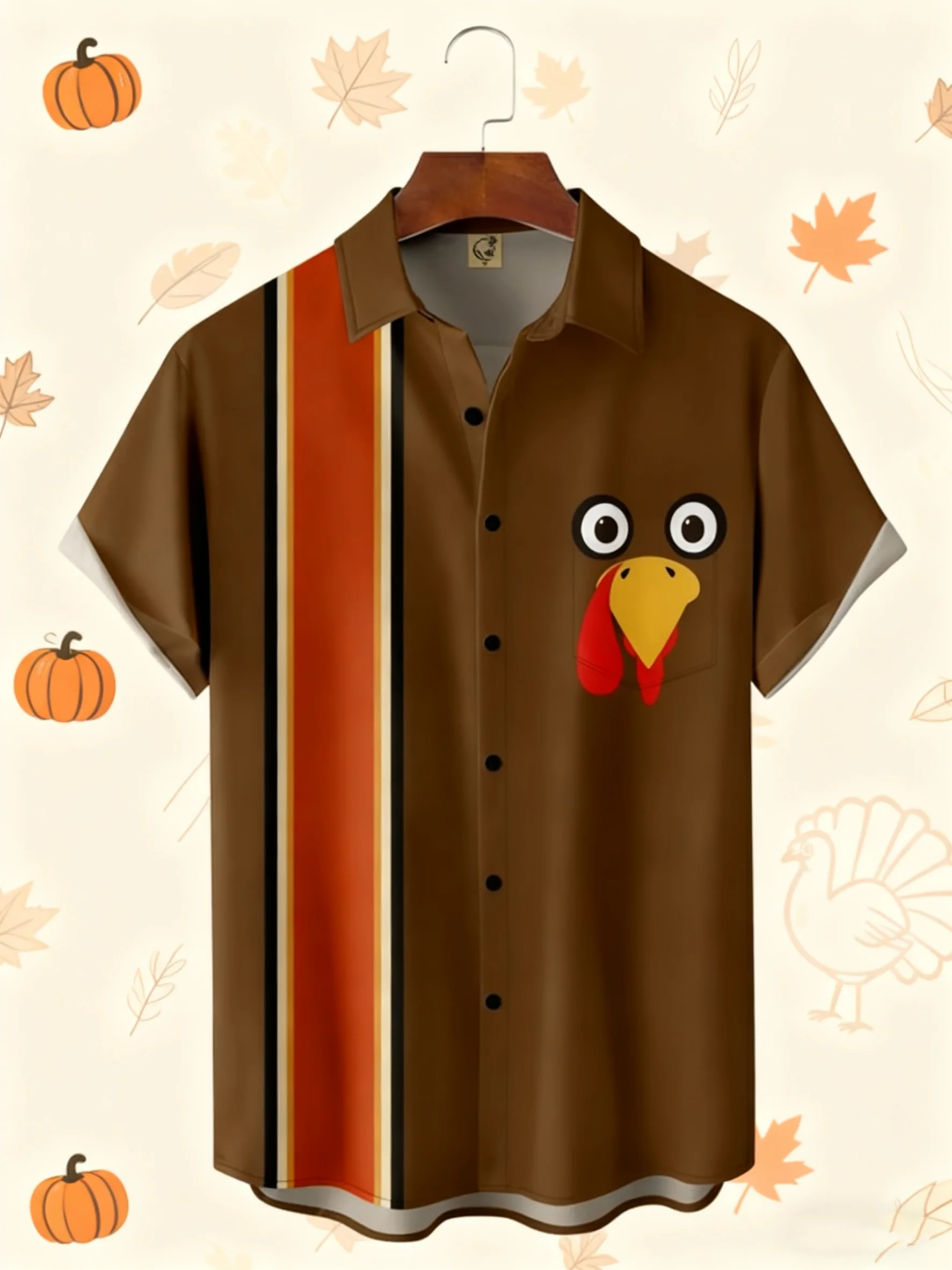 Moisture-wicking Thanksgiving Turkey Chest Pocket Bowling Shirt