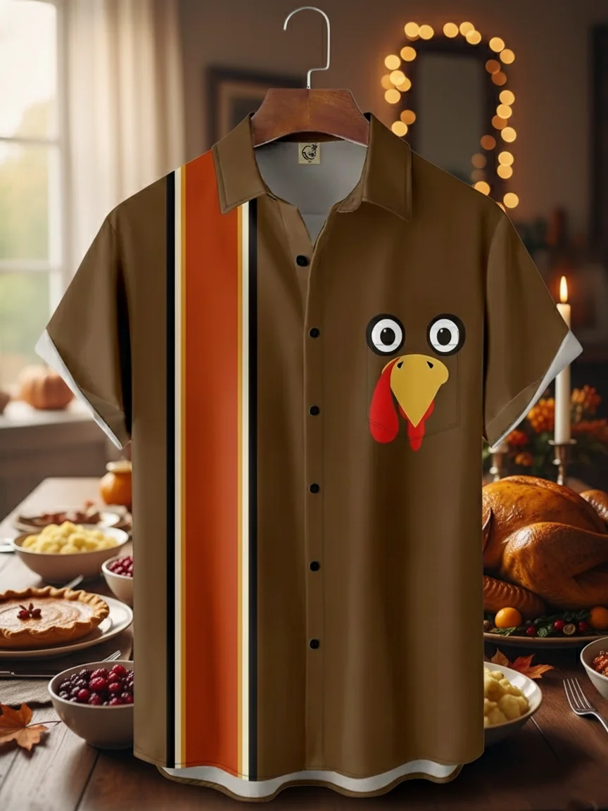 Moisture-wicking Thanksgiving Turkey Chest Pocket Bowling Shirt