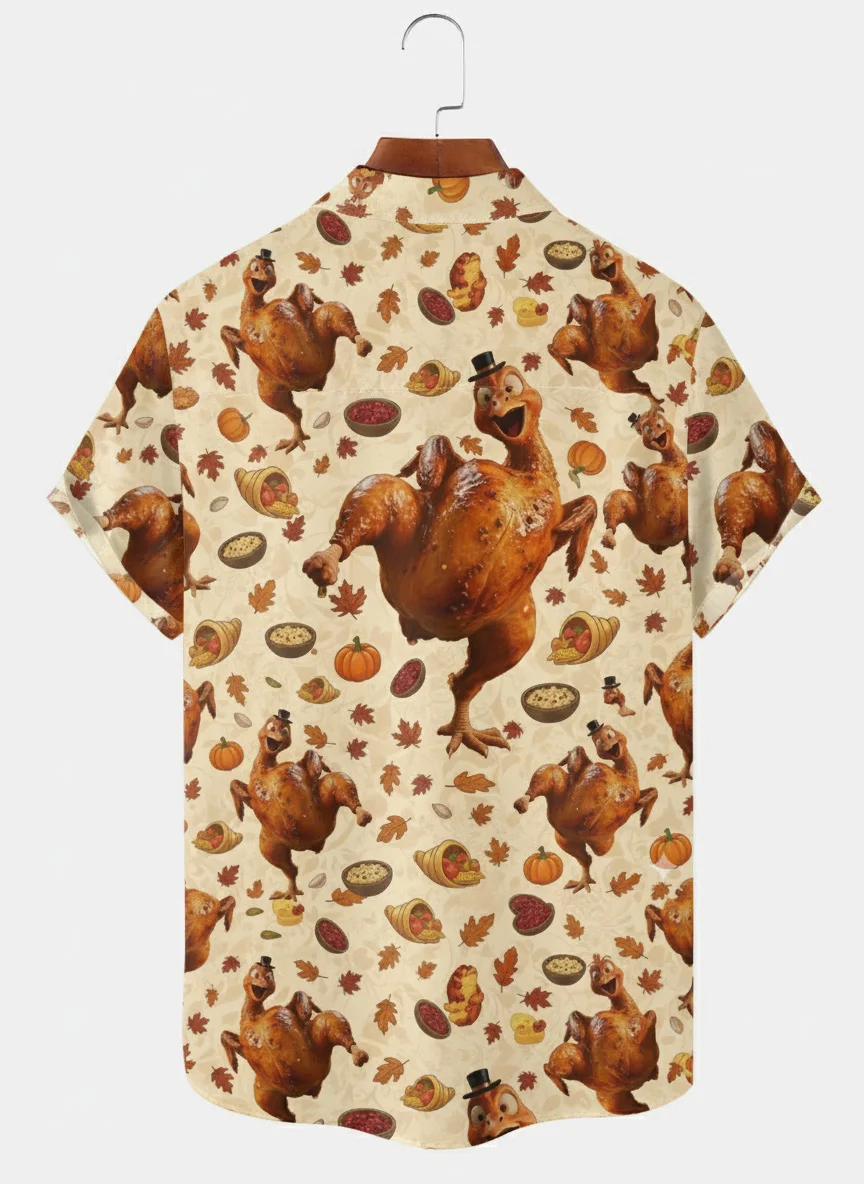 Moisture-wicking Thanksgiving Turkey Pumpkin Chest Pocket Casual Shirt