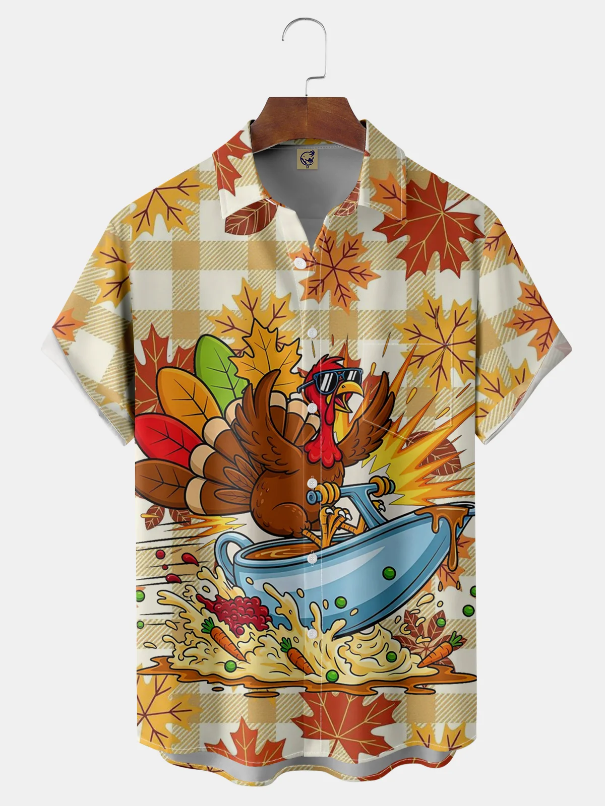 Moisture-Wicking Sweat-Wicking Fun Yacht Turkey Maple Leaf Checkered Chest Pocket Hawaiian Shirt