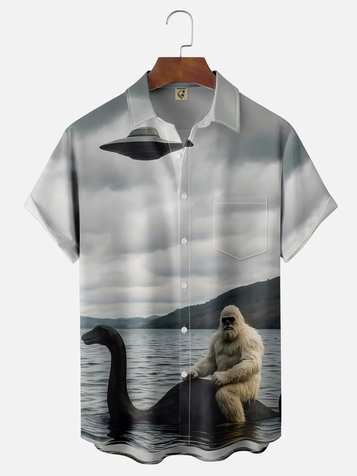 Tall Size Moisture-wicking Bigfoot Loch Ness Monster UFO Chest Pocket Casual Shirt