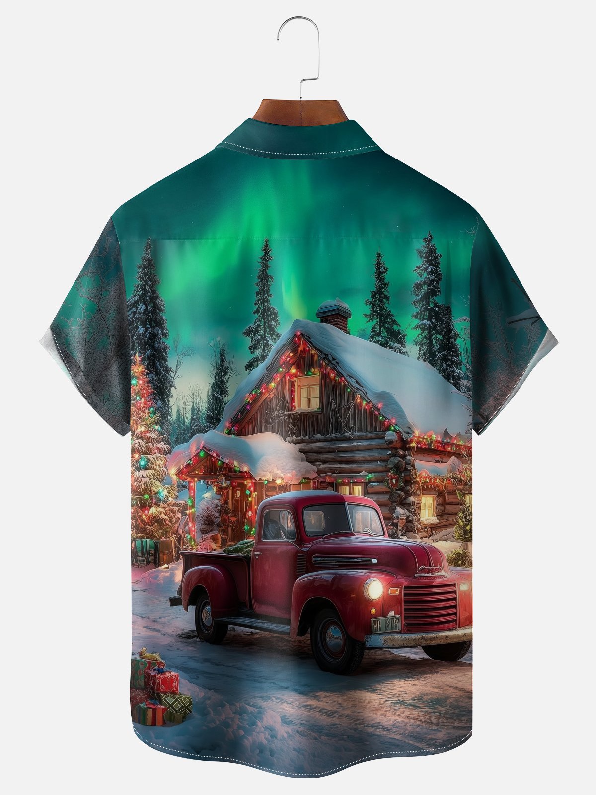 Moisture-wicking Christmas Tree Car Aurora Chest Pocket Casual Shirt