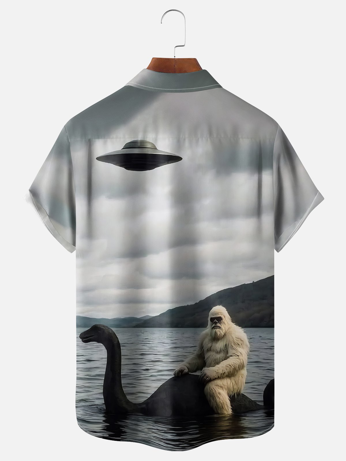 Tall Size Moisture-wicking Bigfoot Loch Ness Monster UFO Chest Pocket Casual Shirt