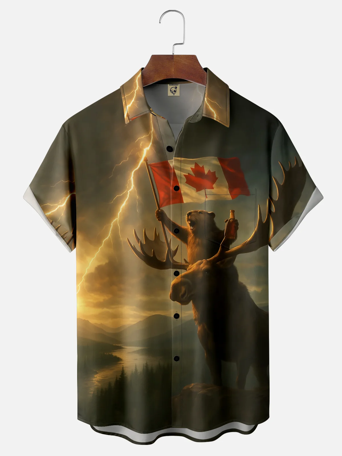 Moisture-wicking Canada Beaver Red Deer Lightning Chest Pocket Casual Shirt