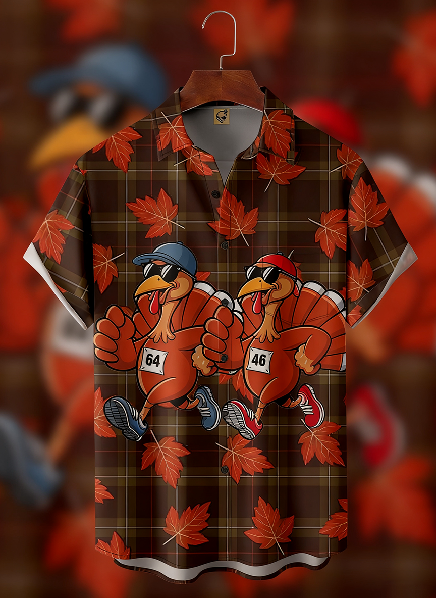 Moisture-Wicking Fun Design With Turkey Maple Leaf And Checkered Patterns Chest Pocket Hawaiian Shirt