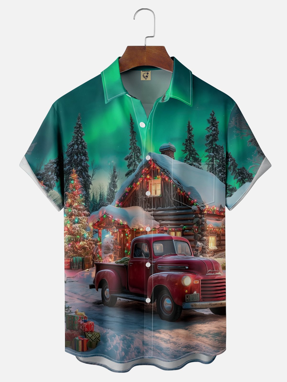 Moisture-wicking Christmas Tree Car Aurora Chest Pocket Casual Shirt