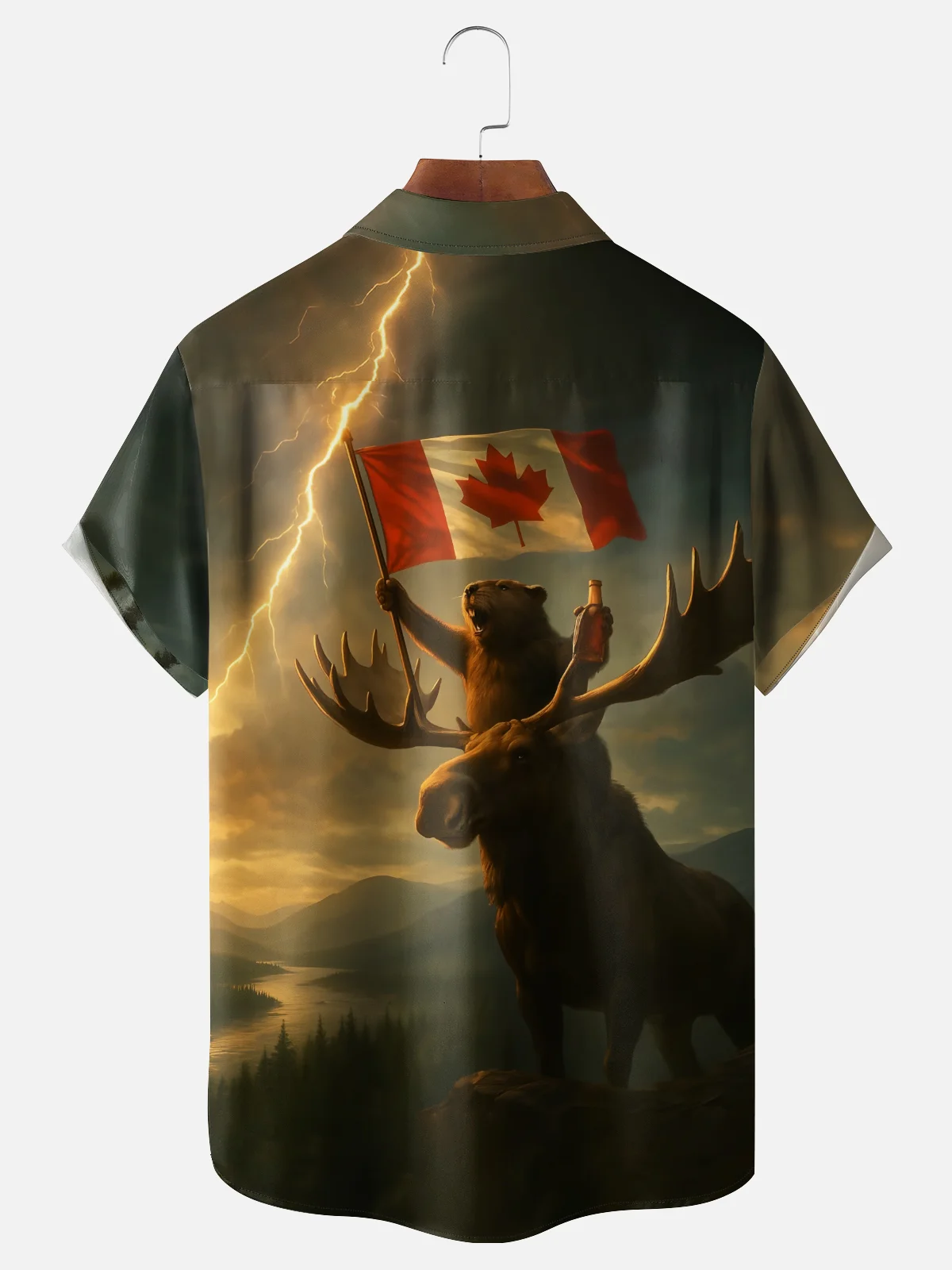 Moisture-wicking Canada Beaver Red Deer Lightning Chest Pocket Casual Shirt