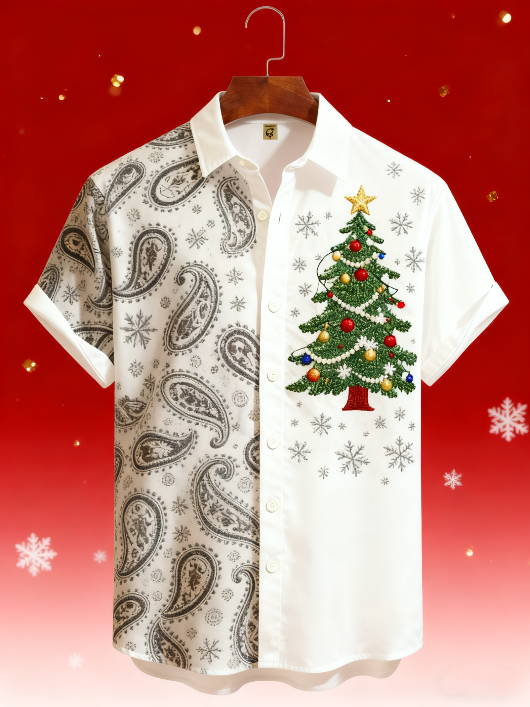 Moisture-wicking Christmas Tree Paisley Chest Pocket Holiday Shirt