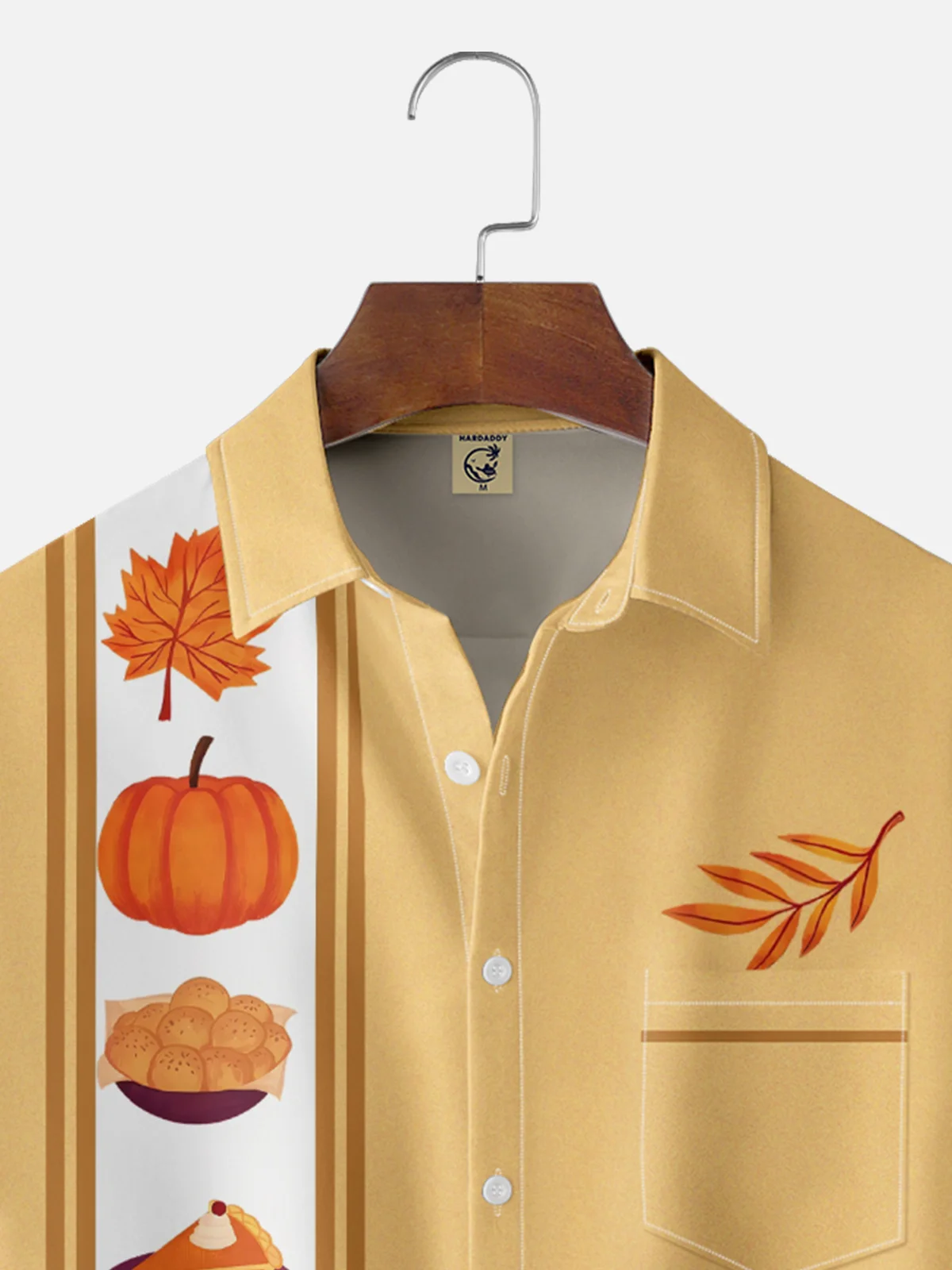 Tall Size Moisture-wicking Thanksgiving Turkey Pumpkin Chest Pocket Bowling Shirt