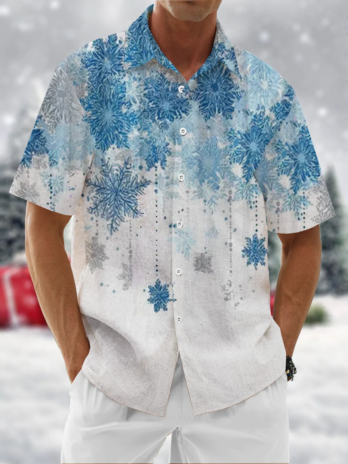 Tall Size Moisture Wicking Merry Christmas Snowflake Chest Pocket Hawaiian Shirt
