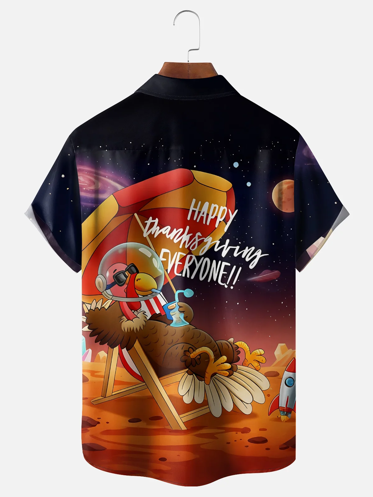 Moisture Wicking Thanksgiving Fun Turkey Cosmic Planet Chest Pocket Hawaiian Shirt