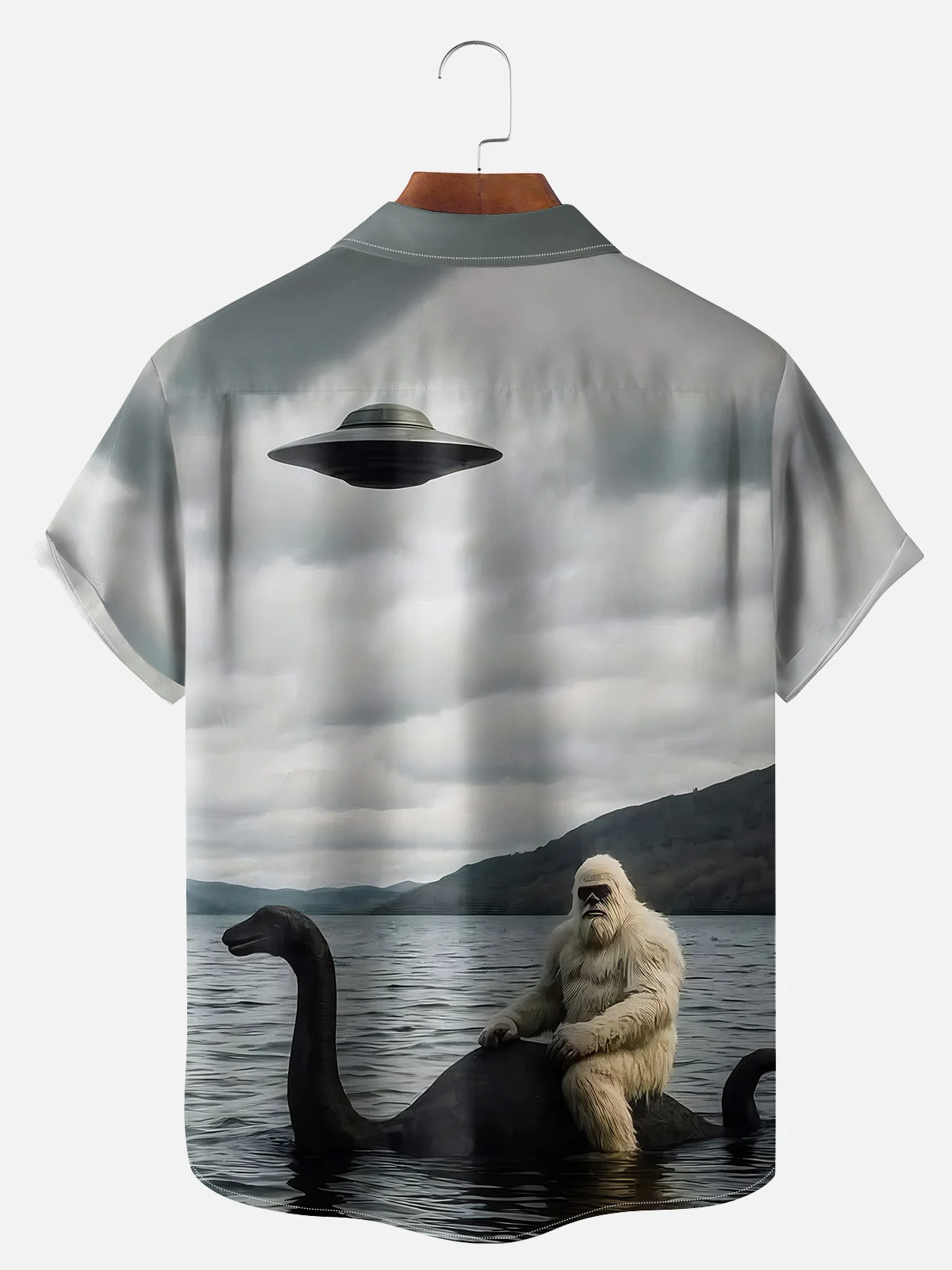 Big Size Moisture-wicking Bigfoot Loch Ness Monster UFO Chest Pocket Casual Shirt
