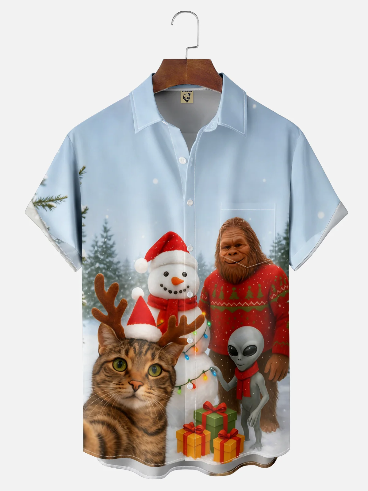 Moisture Wicking Fun Christmas Cat Selfie Bigfoot Alien Snowman Chest Pocket Hawaiian Shirt