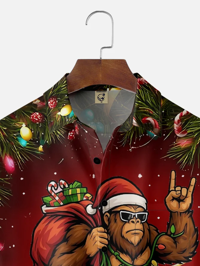 Tall Size Moisture Wicking Merry Christmas Bigfoot Chest Pocket Hawaiian Shirt