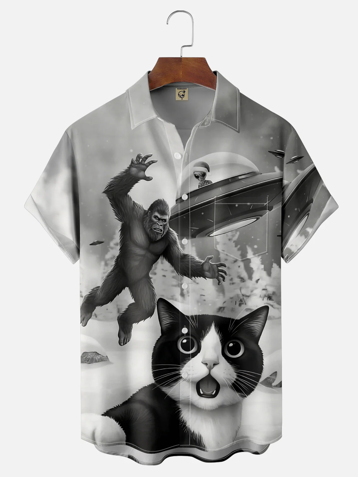 Moisture Wicking Fun Christmas Cat Selfie Bigfoot Alien Chest Pocket Hawaiian Shirt