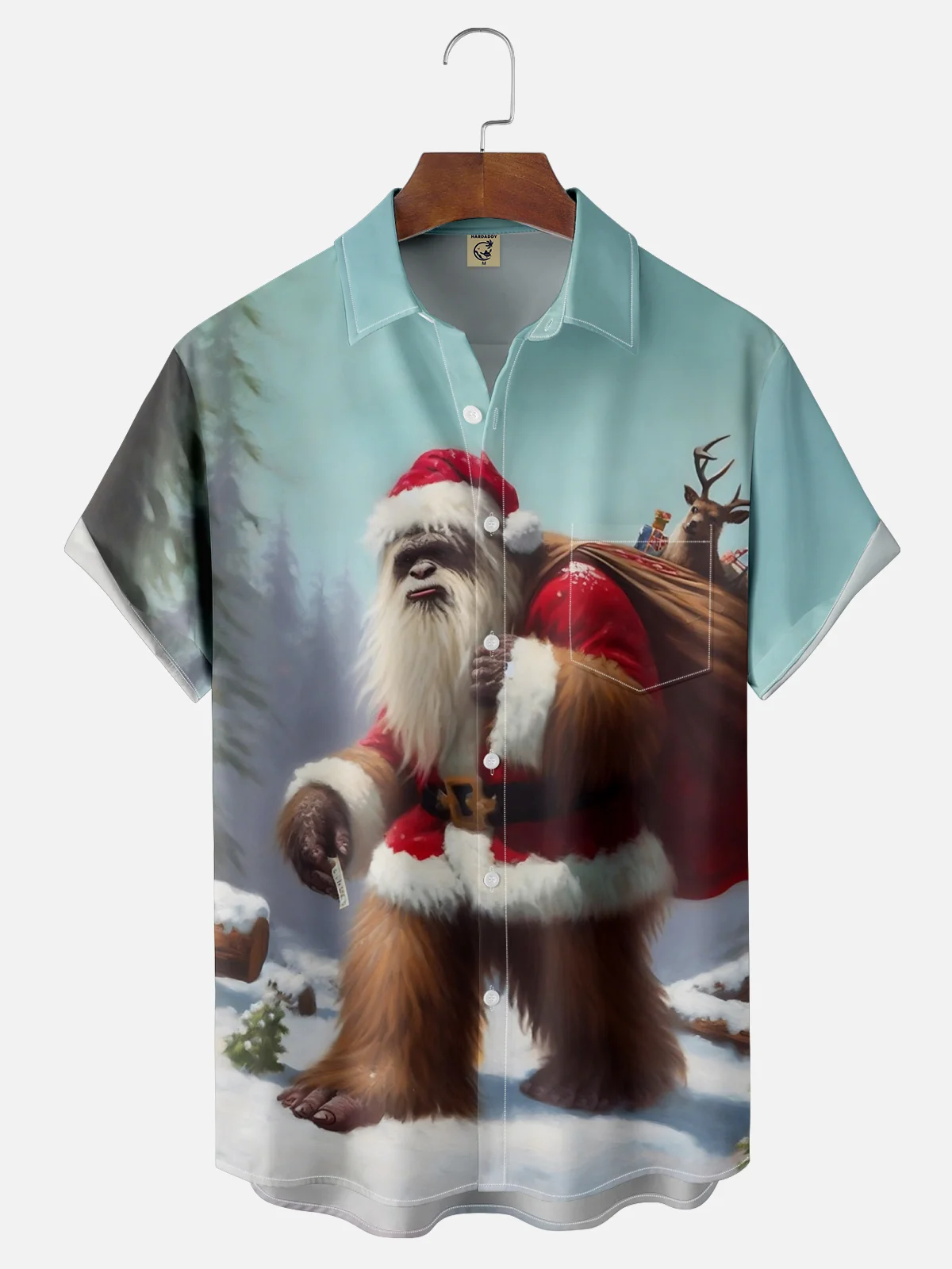 Moisture-wicking Christmas Santa Claus Bigfoot Chest Pocket Casual Shirt