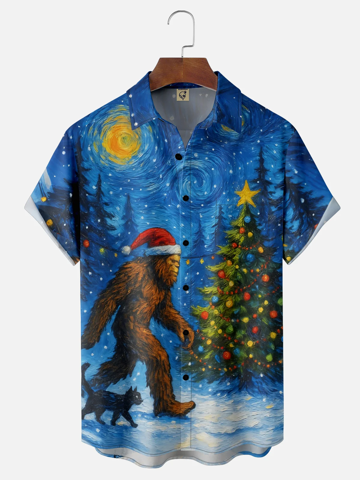 Moisture Wicking Christmas Starry Night Bigfoot Chest Pocket Hawaiian Shirt