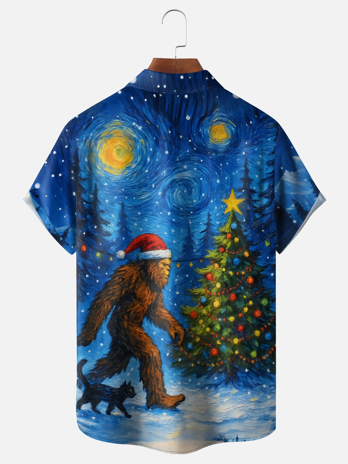 Moisture Wicking Christmas Starry Night Bigfoot Chest Pocket Hawaiian Shirt