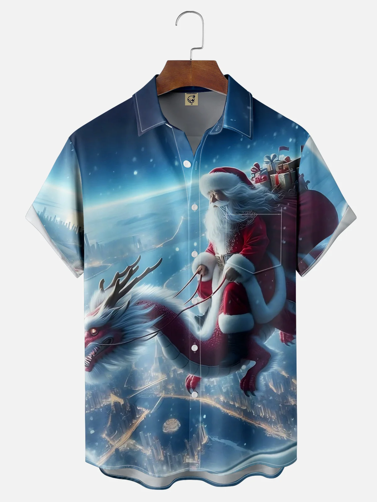 Moisture-wicking Christmas Santa Claus Dragon Chest Pocket Casual Shirt