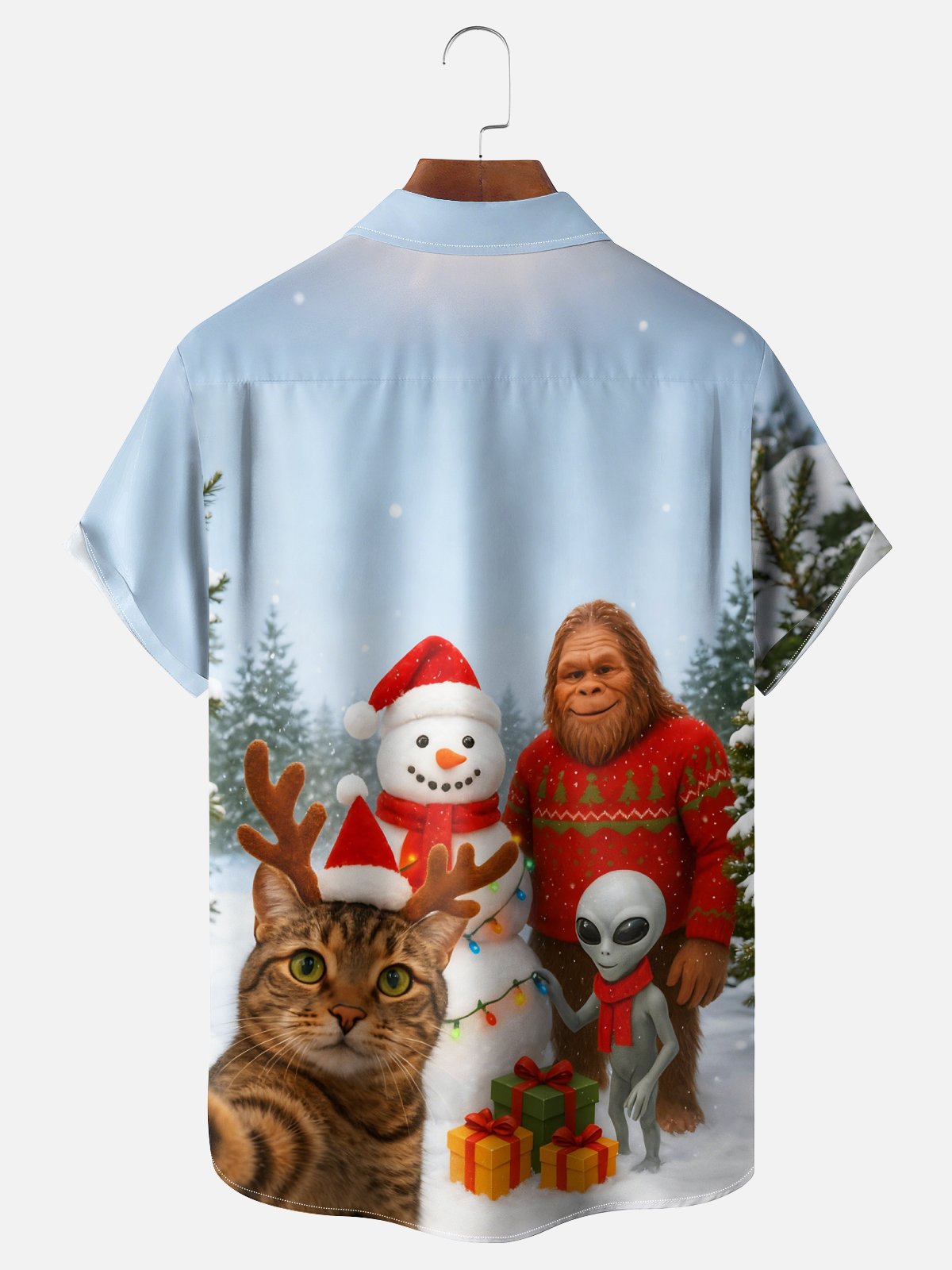 Moisture Wicking Fun Christmas Cat Selfie Bigfoot Alien Snowman Chest Pocket Hawaiian Shirt