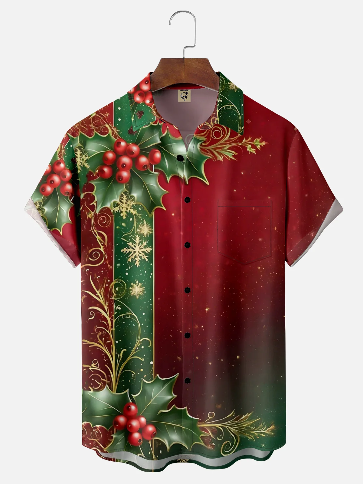 Moisture-wicking Christmas Art Red Ribbon Chest Pocket Bowling Shirt