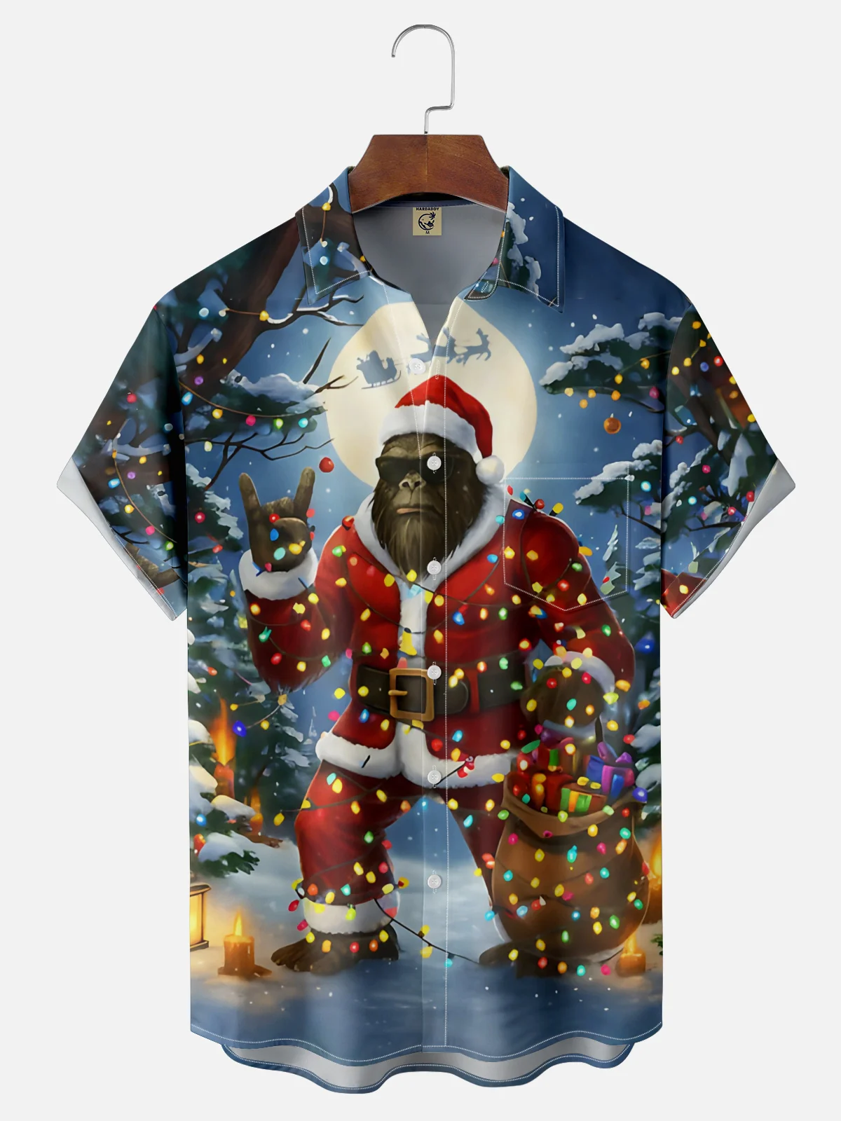 Moisture Wicking Merry Christmas Bigfoot Chest Pocket Hawaiian Shirt