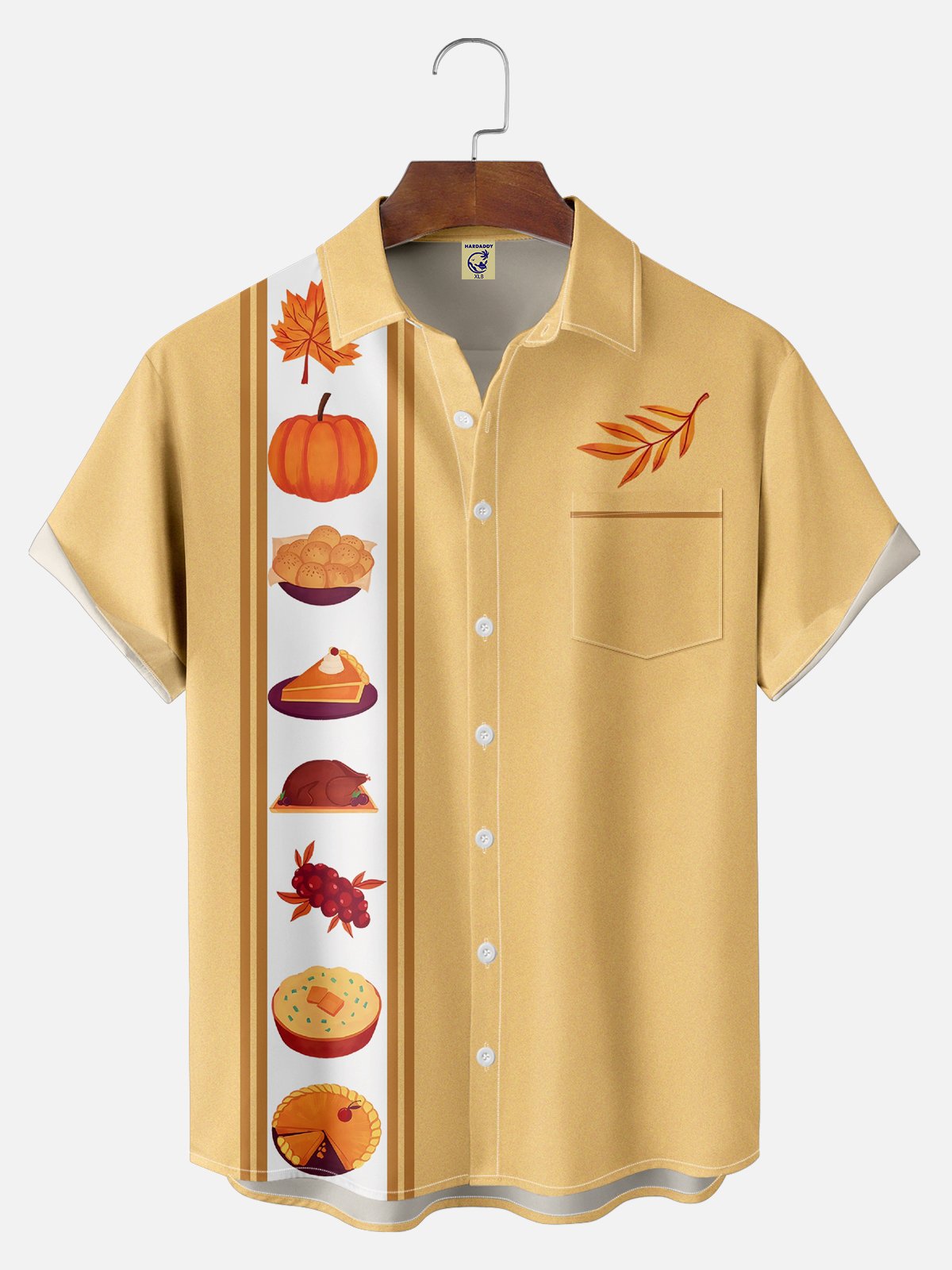 Big Size Moisture-wicking Thanksgiving Turkey Pumpkin Chest Pocket Bowling Shirt