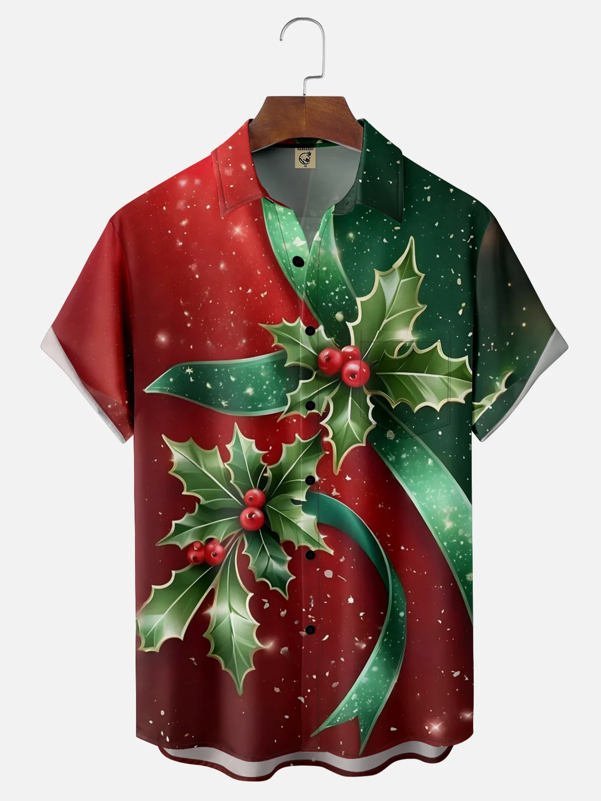 Moisture-wicking Christmas Art Christmas Red Berries Chest Pocket Casual Shirt