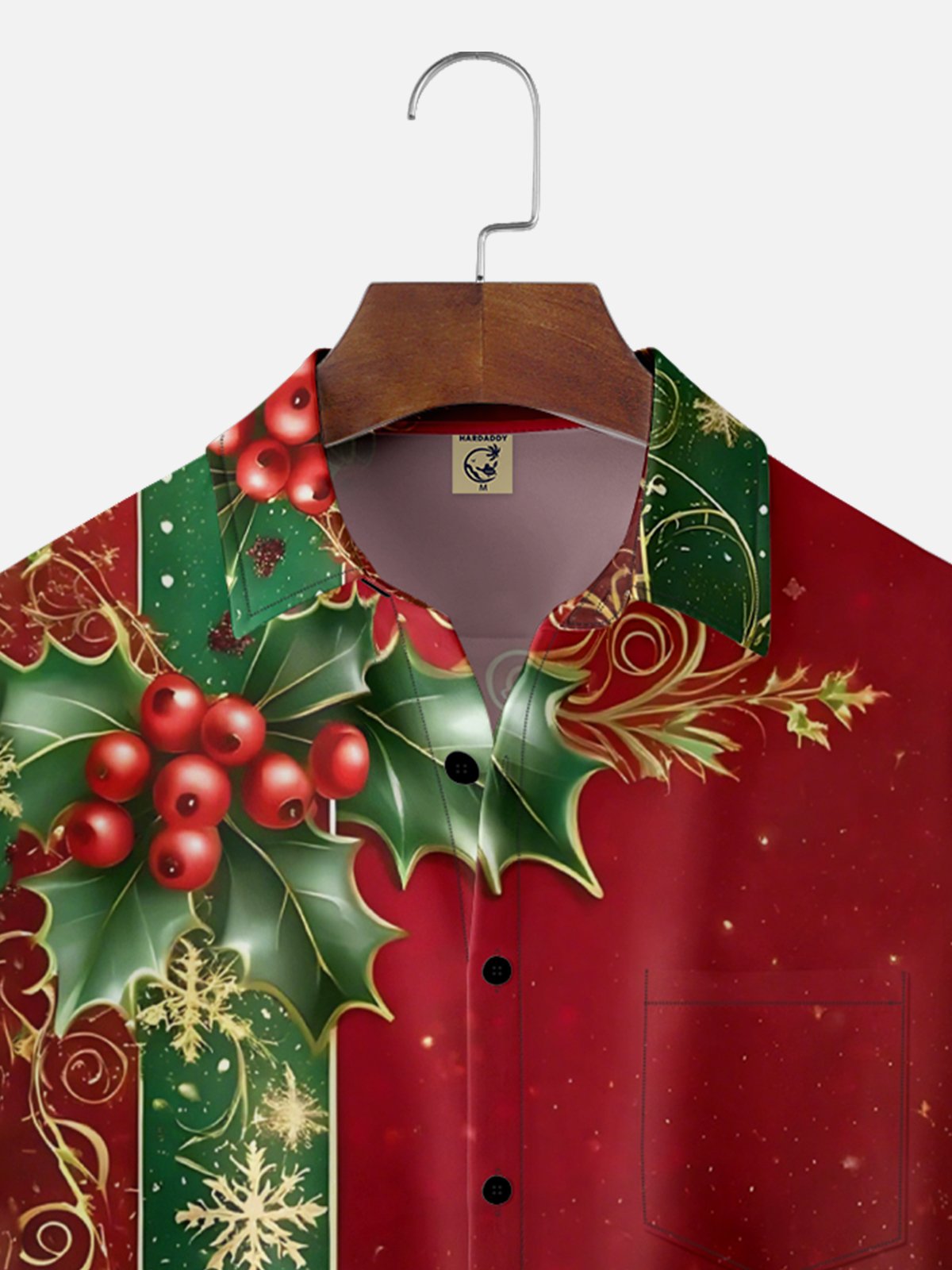 Moisture-wicking Christmas Art Red Ribbon Chest Pocket Bowling Shirt