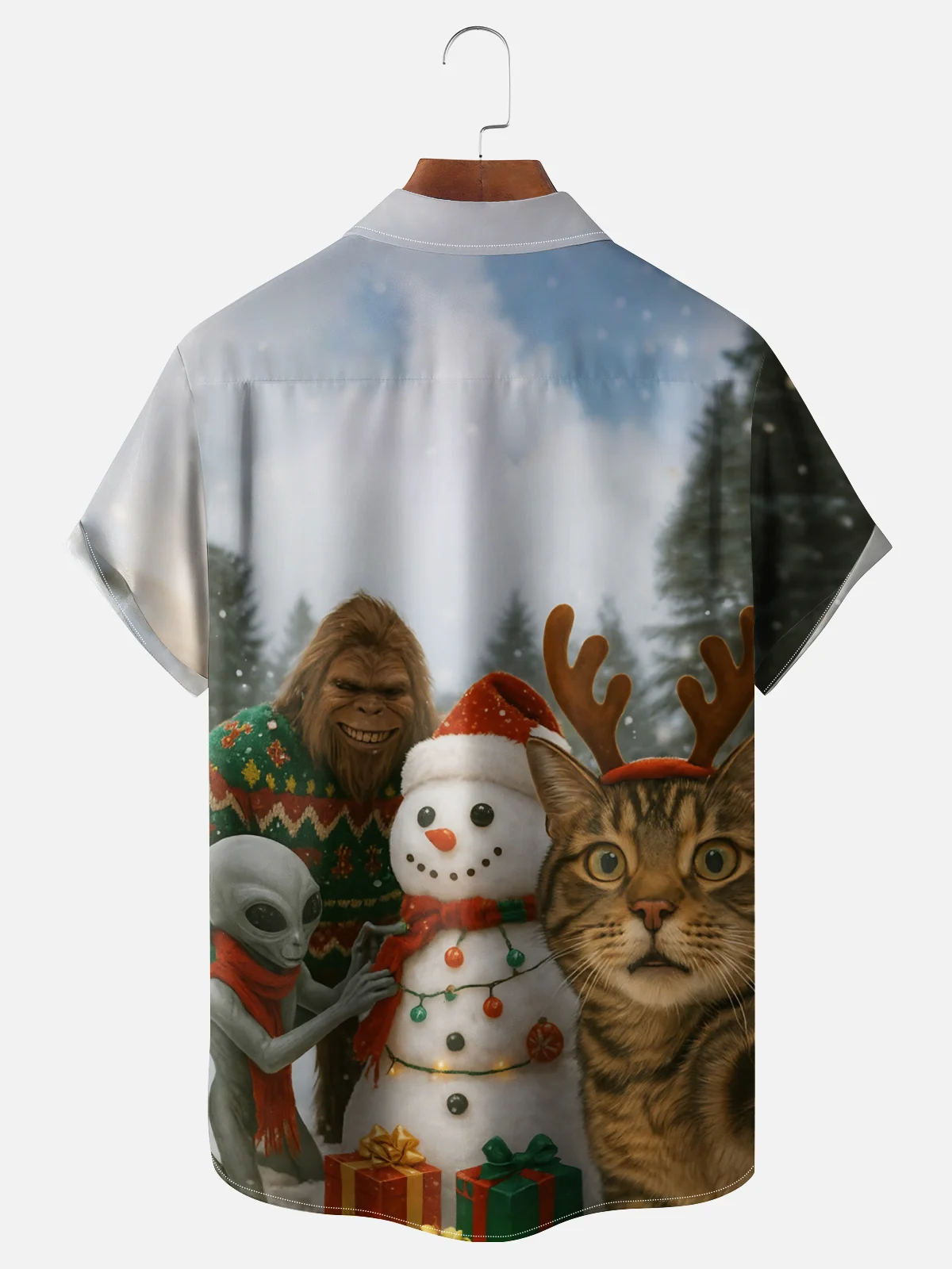 Moisture Wicking Fun Christmas Cat Selfie Bigfoot Alien Snowman Chest Pocket Hawaiian Shirt
