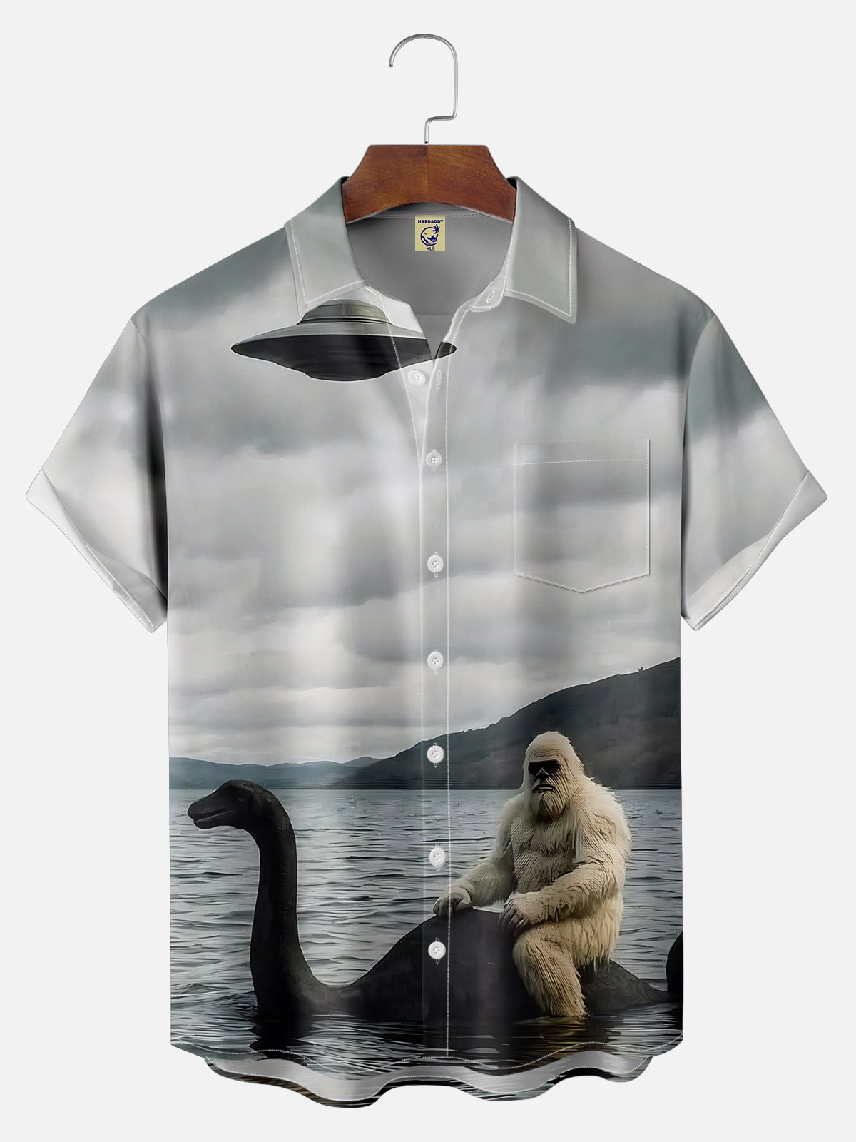 Big Size Moisture-wicking Bigfoot Loch Ness Monster UFO Chest Pocket Casual Shirt