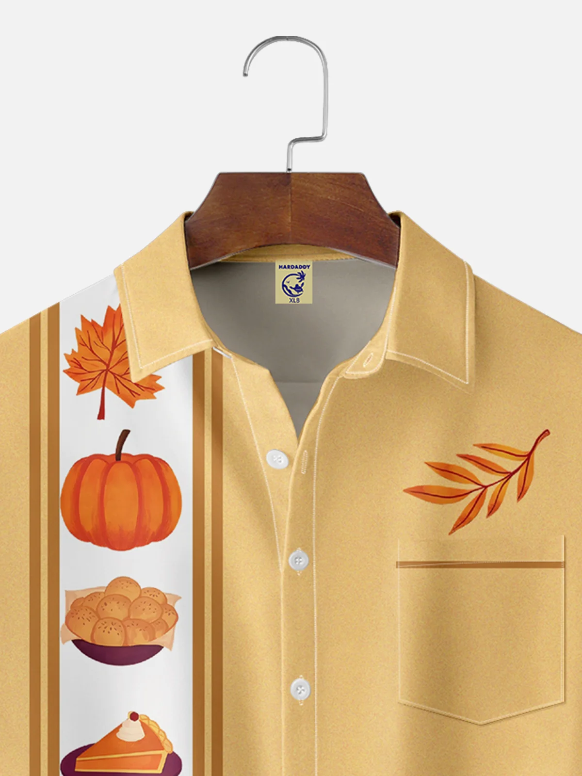 Big Size Moisture-wicking Thanksgiving Turkey Pumpkin Chest Pocket Bowling Shirt