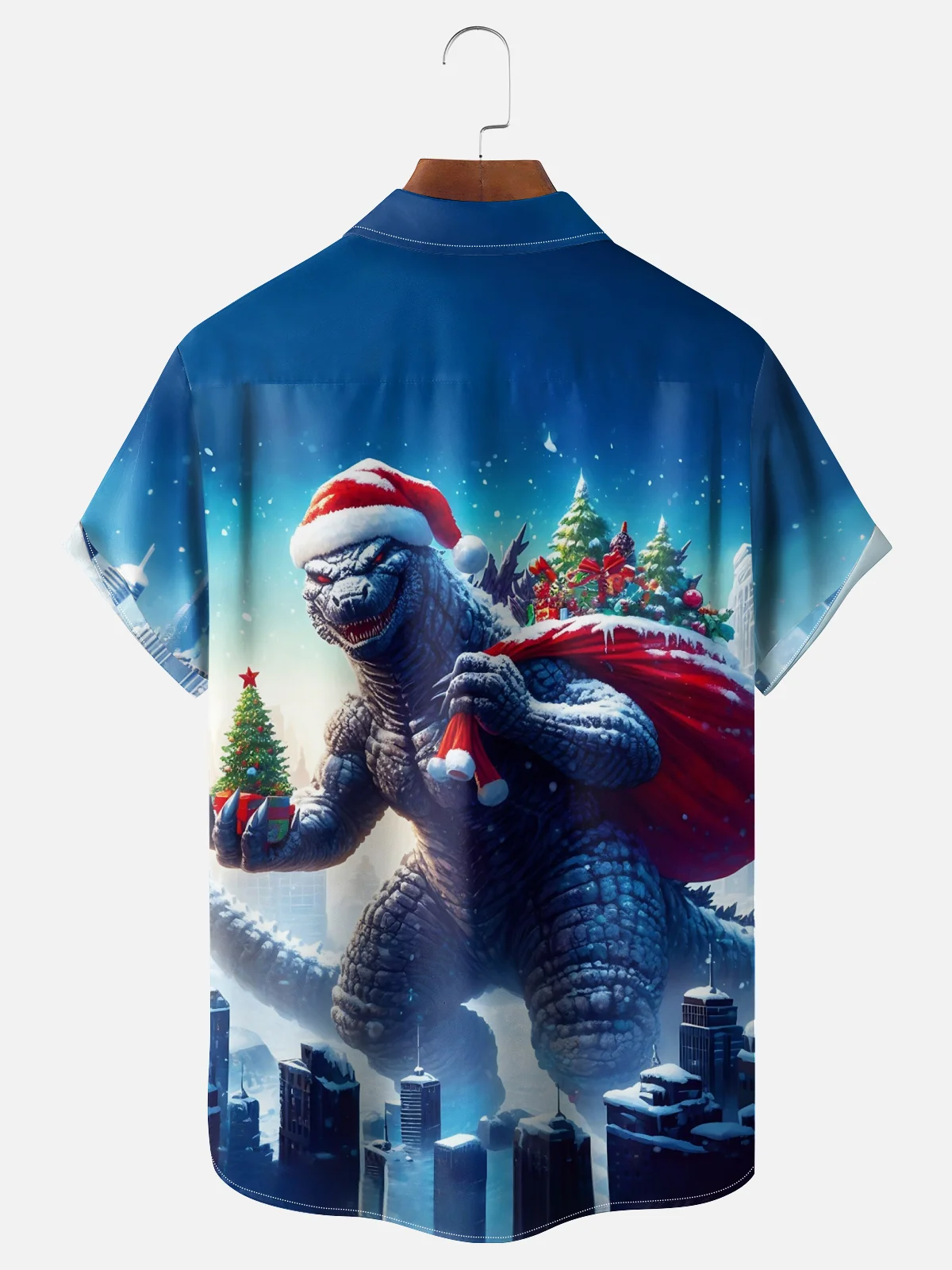 Moisture-wicking Christmas Fun Godzilla Christmas Tree Chest Pocket Casual Shirt