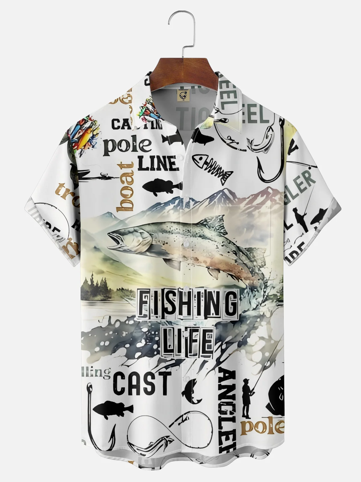 Moisture Wicking Gradient Colors Abstract Fish Flying Out of The Lake Chest Pocket Hawaiian Shirt
